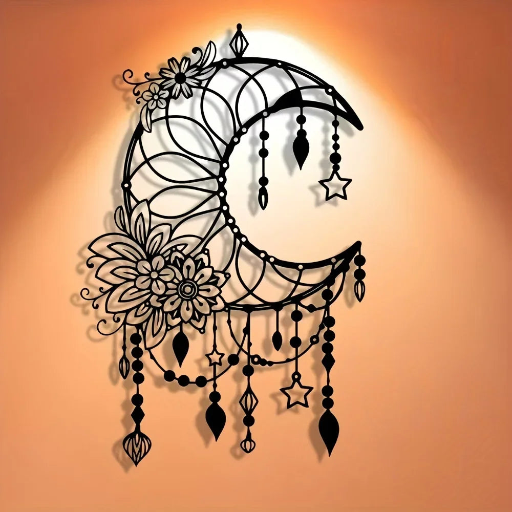 Elegantes Gothisches Mond & Blumen Metall Wandbild – Modernes Hängedekor Kaufschwan®