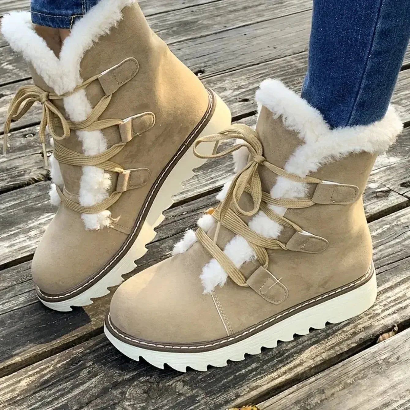 Damen Winter Schneestiefel – Wasserdichte Mittelhohe Schnürstiefel | Wärmeisolierte Outdoor Schuhe mit Kunstfell Futter & Rutschfester Sohle Kaufschwan® Beige 36