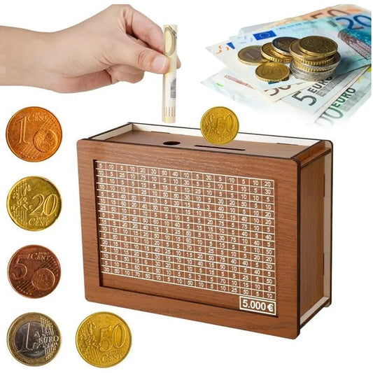 Holz Euro Sparbox – Wiederverwendbare Spardose mit Sparziel Anzeige Kaufschwan®