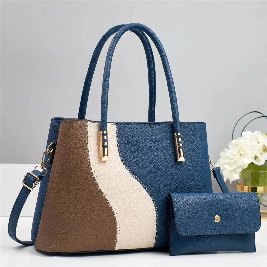 Große Modische Damenhandtasche im Farbblock Design – Sommer Schulter- & Crossbody Tasche mit Weichem Polyesterfutter Kaufschwan® Blau 33cm x 13cm x 25cm