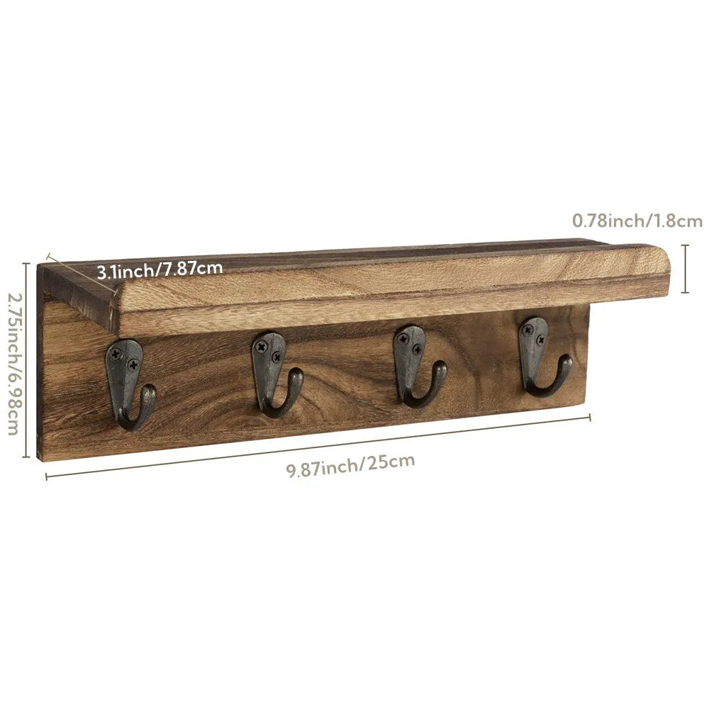 Rustikaler Holz Schlüsselhalter für die Wand – Landhausstil Wandregal | Wandmontierter Organizer mit 4 Metallhaken für Schlüssel & Deko Kaufschwan®