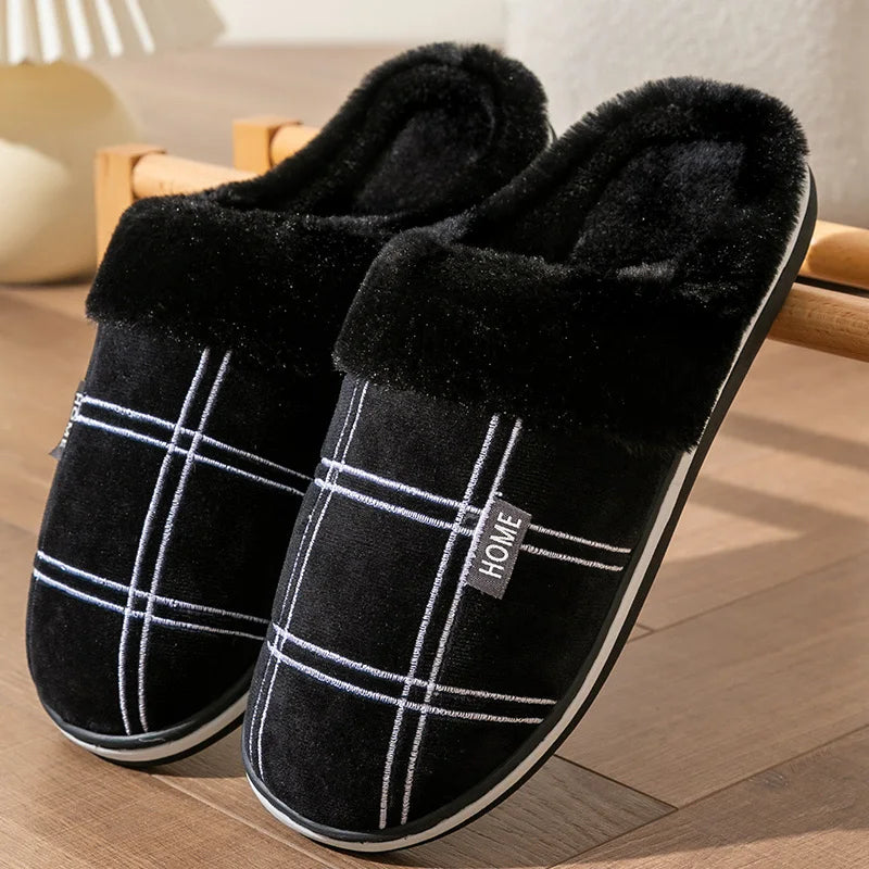 Herren Hausschuhe Kariert mit Memory-Schaum | Warme Plüsch Winter-Schuhe | Rutschfeste Hausschuhe Schwarz | Größe 50–51 Kaufschwan® Schwarz 40-41