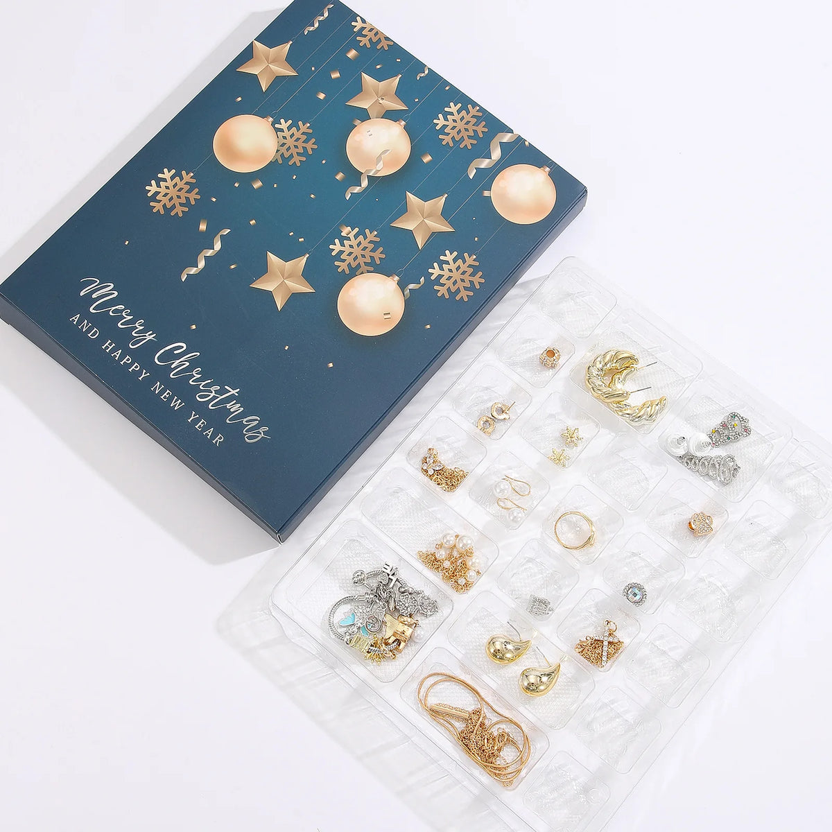 Goldfarbener Schmuck-Adventskalender – 24-Tage-Weihnachtskalender mit Halsketten, Armbändern & Ohrringen