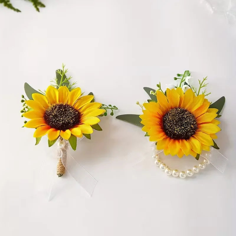 Handgefertigte Sonnenblumen Hochzeitskorsage – Elegantes Armband für Brautjungfern und Bräutigam Kaufschwan® 2er Set