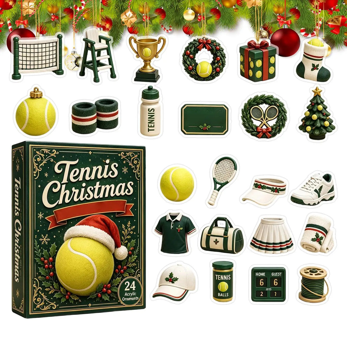 Tennis-Adventskalender – 24-Tage-Weihnachtskalender mit 2D-Tennisanhängern aus Acryl für Festtage & Geburtstage