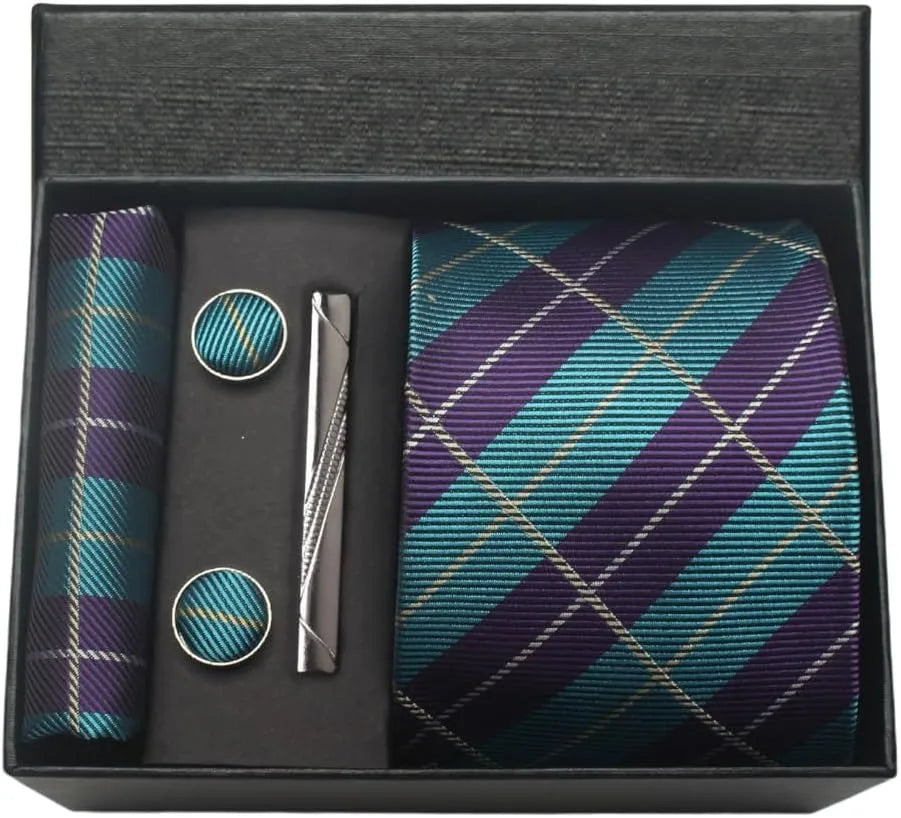 SALE - Herren Krawatten-Set aus 100% Seide – 8 cm Krawatte mit Einstecktuch & Manschettenknöpfen | Klassisches Geschenkset für Business & Hochzeit Kaufschwan® Türkisblau mit Karomuster