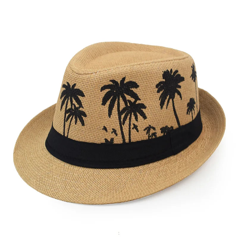 Sommer Strohhut – Herren & Damen, Kokosbaum-Muster, Outdoor Atmungsaktiv, Tropischer Jazz Fedora, Panama Hut Kaufschwan® Khaki