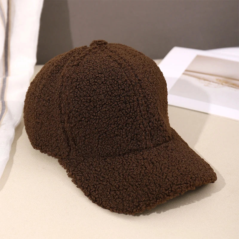 Herbst Winter Baseballkappe | Damen Kappe aus Kunstlammwolle | Warme Plüsch Baseballkappe Kaufschwan® Dunkelbraun 55-60cm