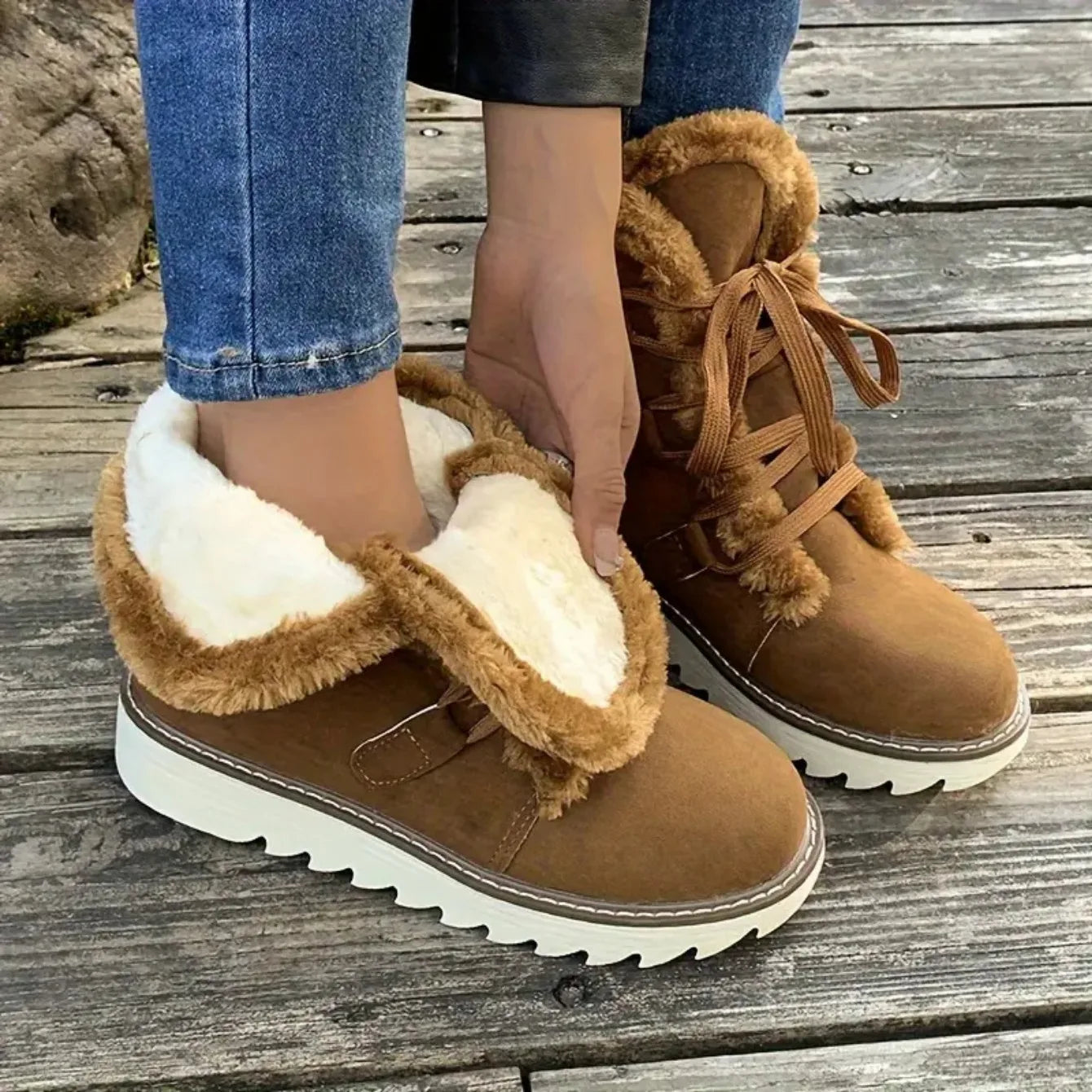 Damen Winter Schneestiefel – Wasserdichte Mittelhohe Schnürstiefel | Wärmeisolierte Outdoor Schuhe mit Kunstfell Futter & Rutschfester Sohle Kaufschwan®