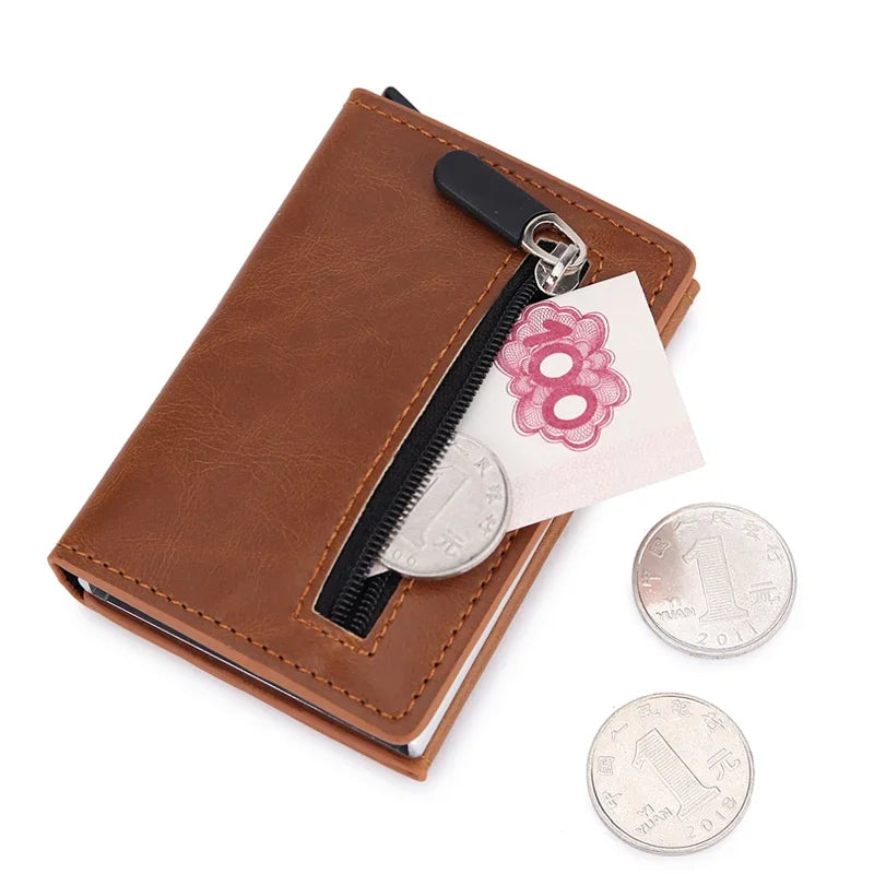 RFID Kartenhalter Herren Metall Slim – Anti-Diebstahl Wallet mit Magnetverschluss & Münzfach Kaufschwan® Braun