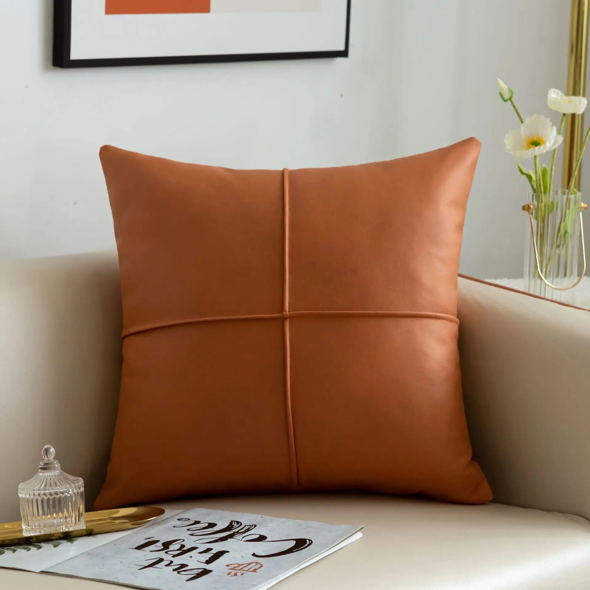 Luxus Kunstleder Dekokissen | Rechteckiges Sofakissen für Wohnzimmer Kaufschwan® Orange 45x45cm