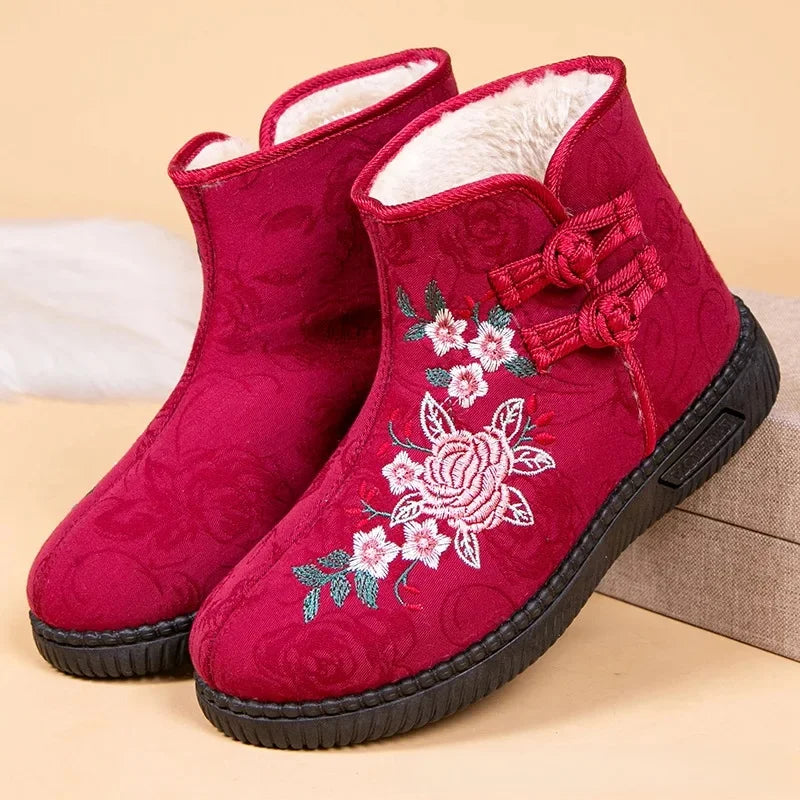 Damen Bestickte Schneestiefel – Mittelhohe Baumwollstiefel mit Kunstfell Fleece Futter | Warme Winter Schuhe für Mütter Kaufschwan® Rot 36