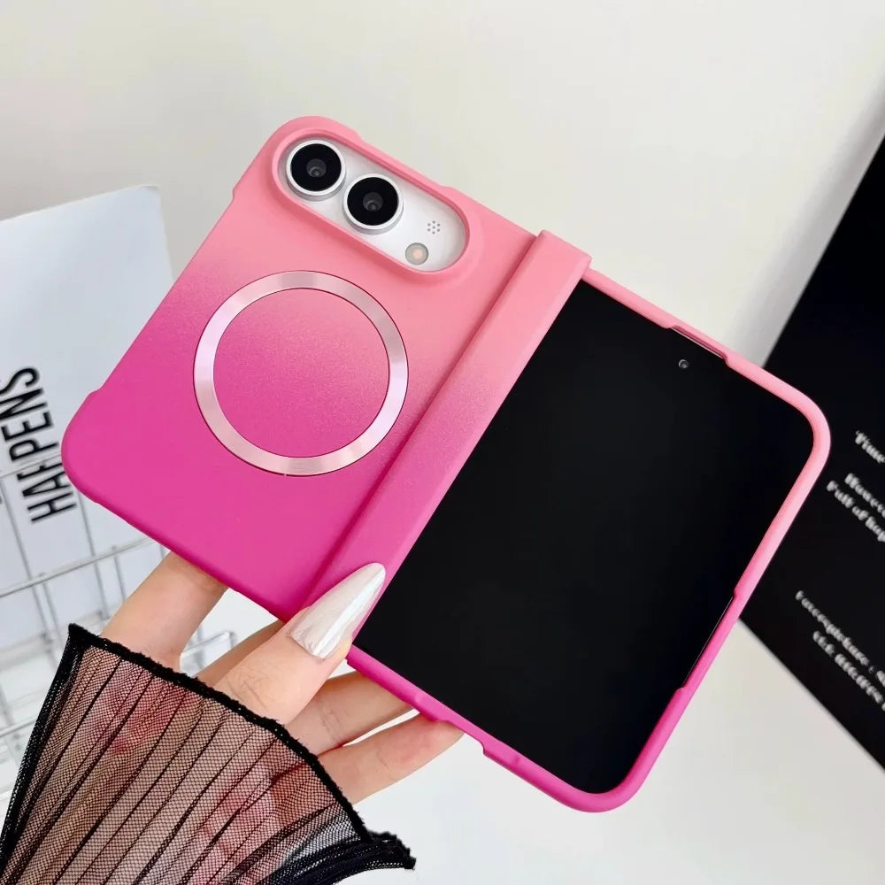 Magnetische Schutzhülle mit Farbverlauf für iPhone Duo – MagSafe-Kompatible Matte Hart-PC-Hülle mit Scharnierschutz Kaufschwan® Pink-Rosa iPhone Duo