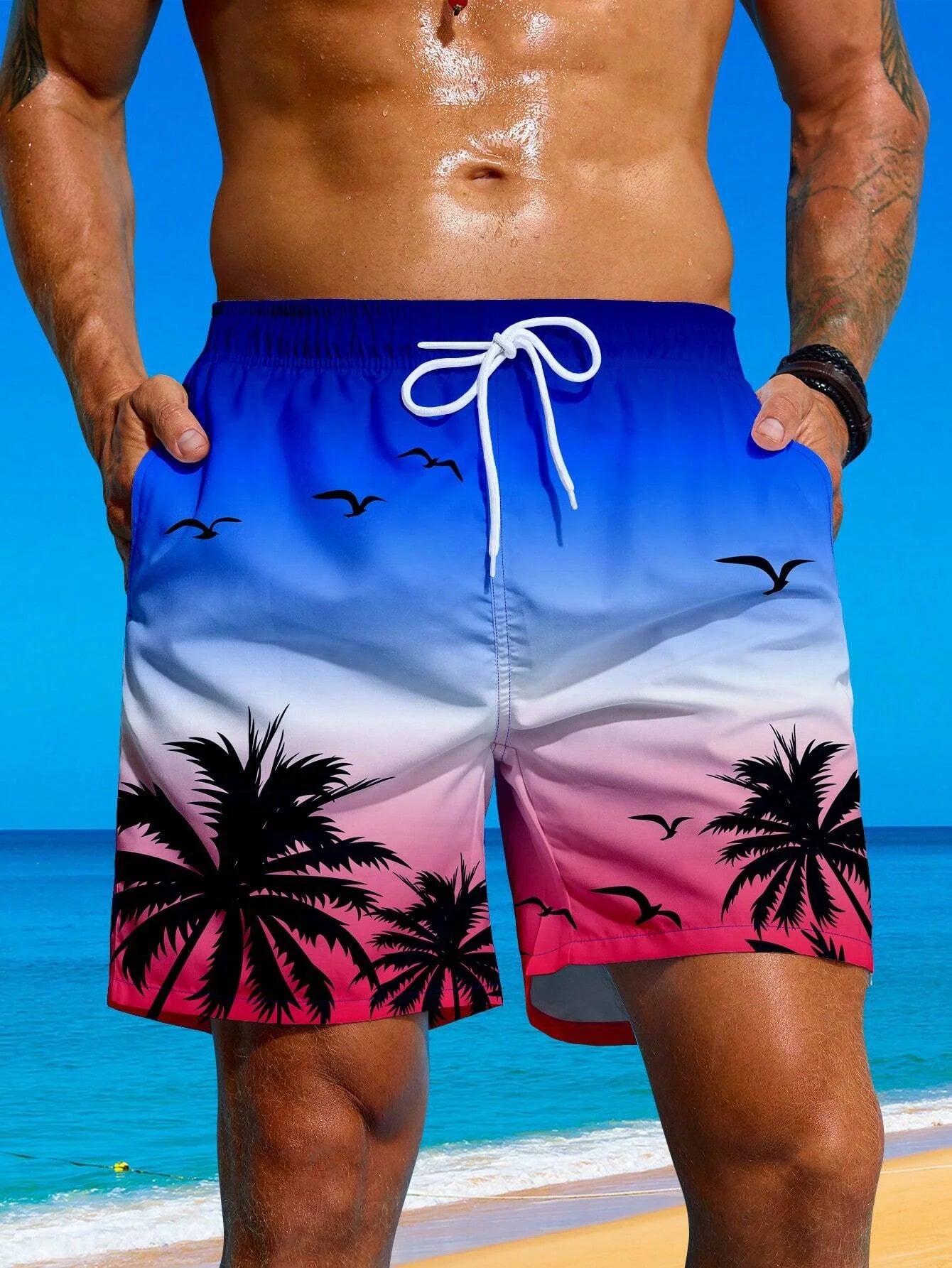 Herren Badeshorts mit Palmenmuster – Sommer Boardshorts mit Kordelzug | 3D Druck Atmungsaktive Strandshorts Streetwear Kaufschwan® Blau-Rosa L