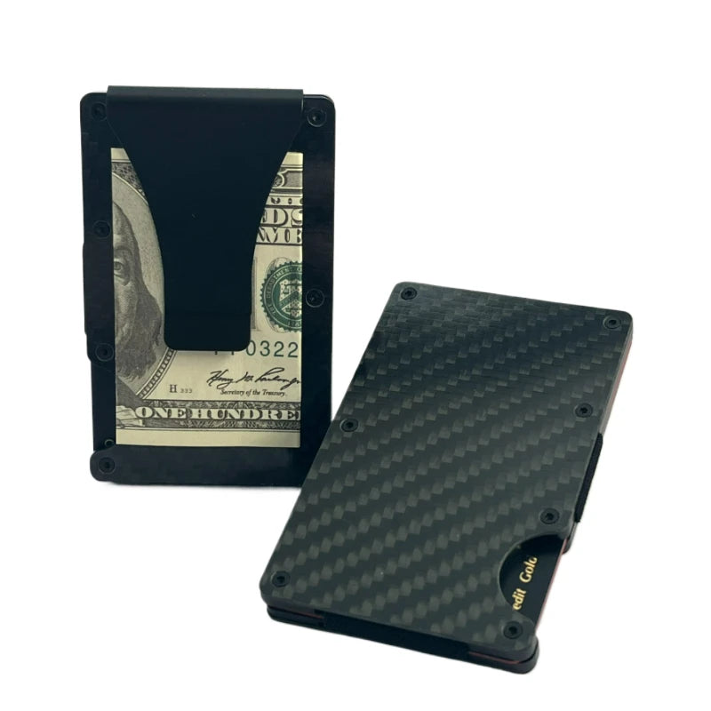 Minimalistische Geldbörse für Herren – RFID Aluminium Metall Wallet mit Geldklammer & Geldband (Carbonfaser Kartenhalter) Kaufschwan®