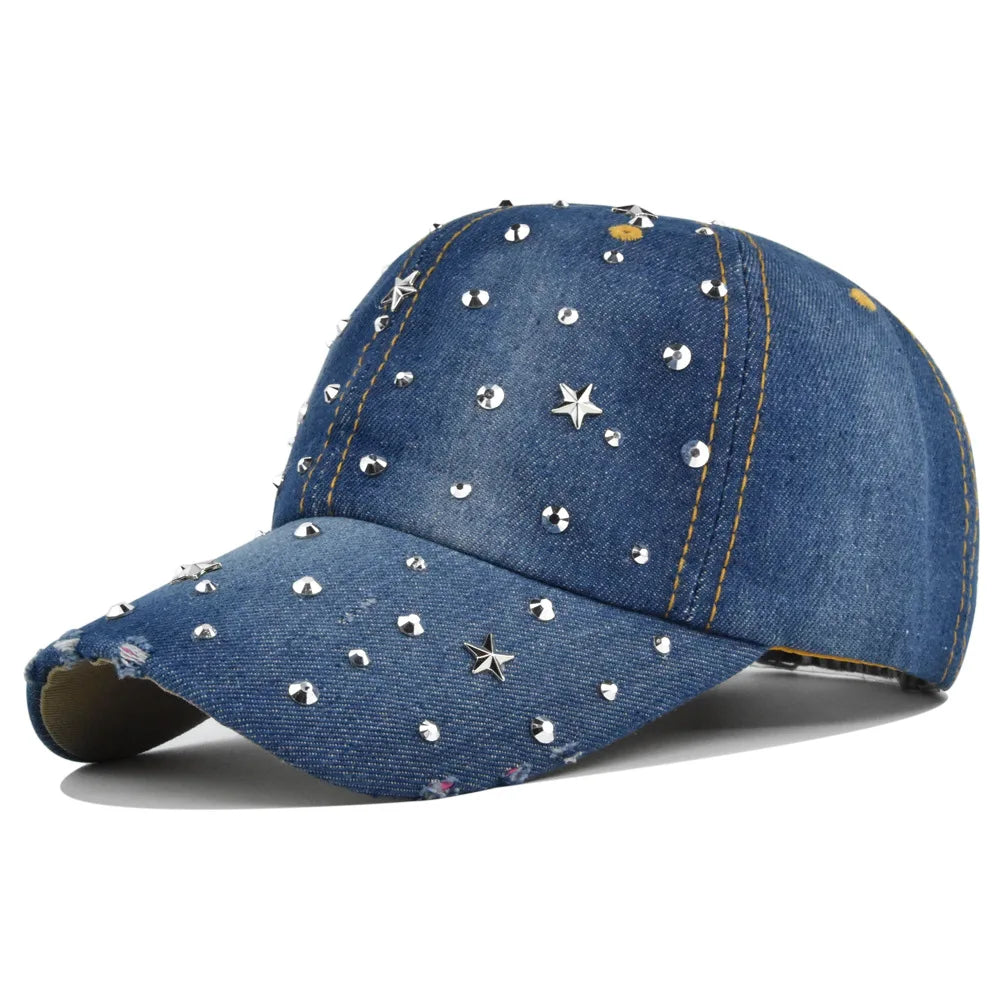 Denim Baseballkappe Damen | Vintage-Cap mit Rivet Star | Snapback Baseballcap für Damen & Herren | Sommer Outdoor Freizeit Kaufschwan® Dunkelblau