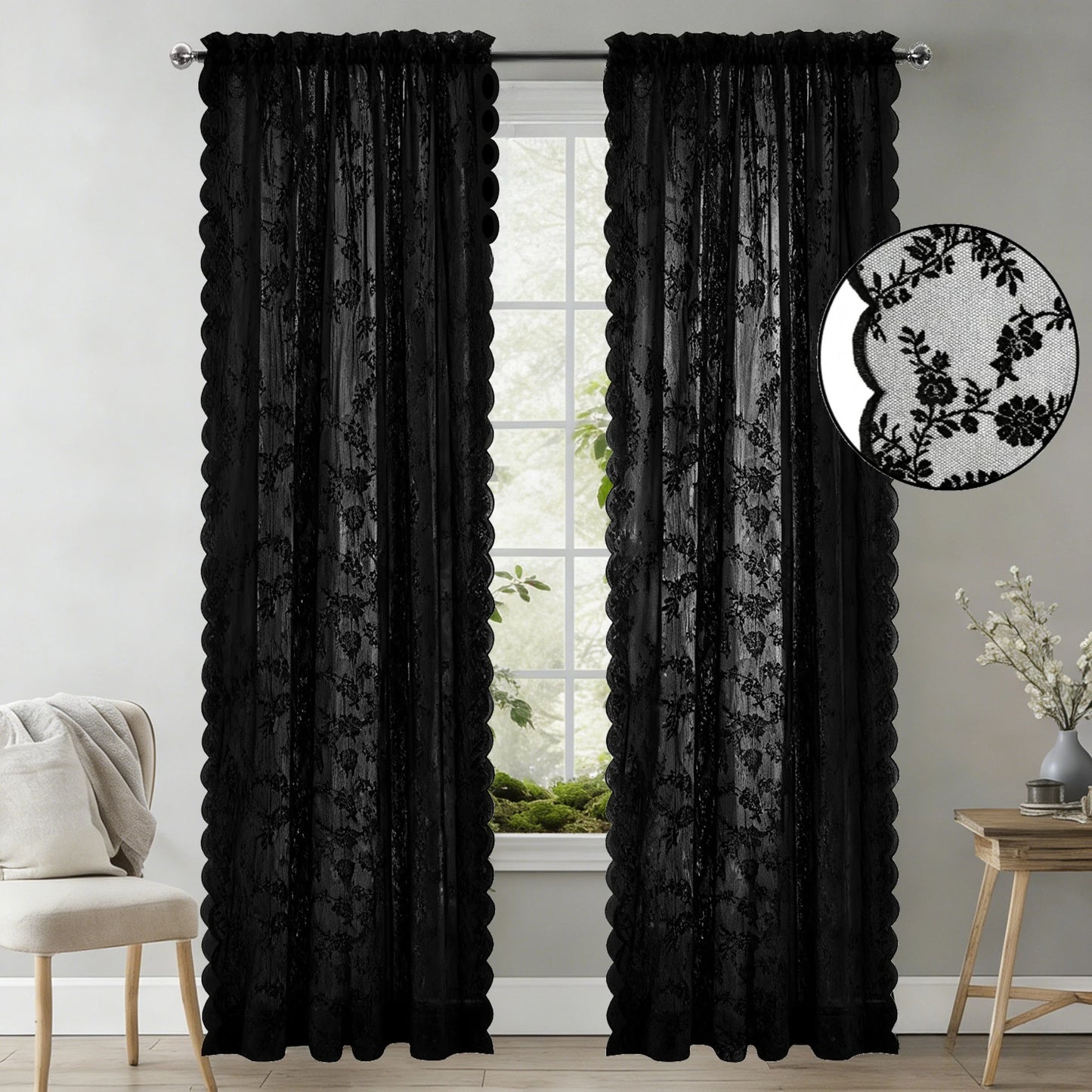 Vintage Spitze Floral Transparenter Vorhang mit Stangentasche Romantische Fenster Gardinen für Wohnzimmer 2 Stück/Set Kaufschwan®