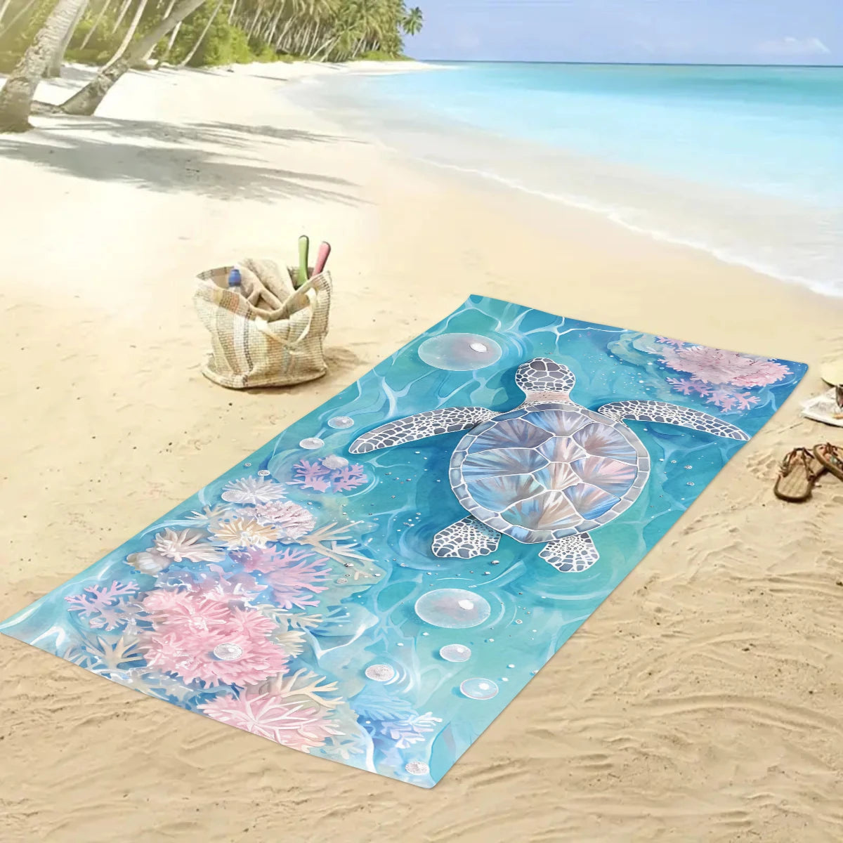 Großes Strandtuch mit Ozean-Motiv – Schildkröte, Seestern & Muschel Print | Schnell Trocknendes Saugfähiges Mikrofaser Strandtuch Kaufschwan®