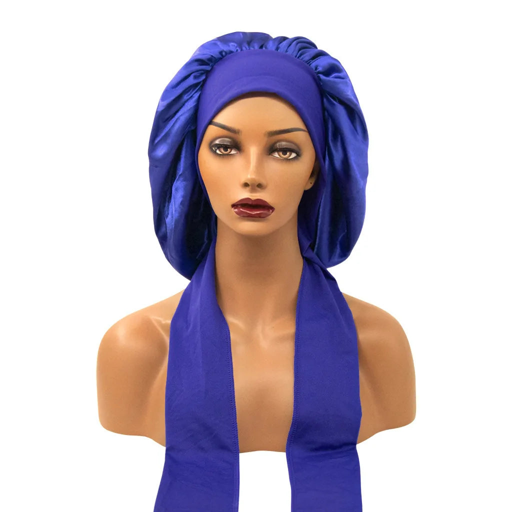 Breite Satin-Schlafhaube für Damen – Elastische Nachthaube mit Langem Bindeband für die Haarpflege