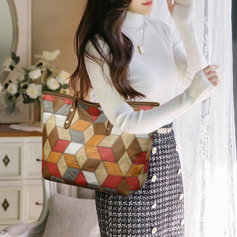 Damenhandtasche mit Großem Fassungsvermögen – Lässige PU Leder Patchwork Tote | Modische Unterarm & Schultertasche Kaufschwan®