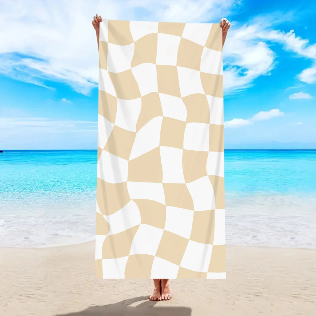 Modisches Kariertes Strandtuch – Schnell Trocknend & Saugfähig | Großes Mikrofaser Handtuch in Mehreren Farben für Strand & Reisen Kaufschwan® Beige-Weiß 180x90cm
