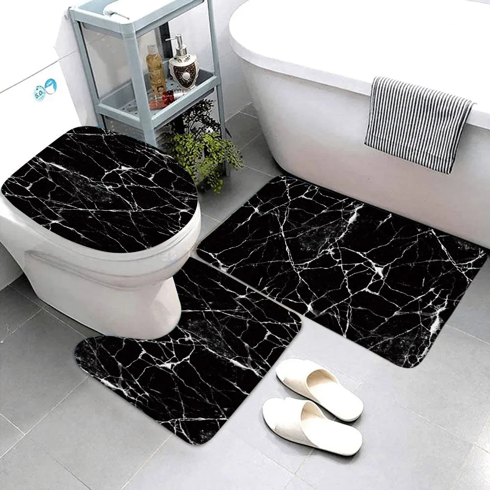 3-teiliges Badematten-Set Schwarz Marmor – Gold & Grau, Rutschfest, Geometrisches Design Kaufschwan®