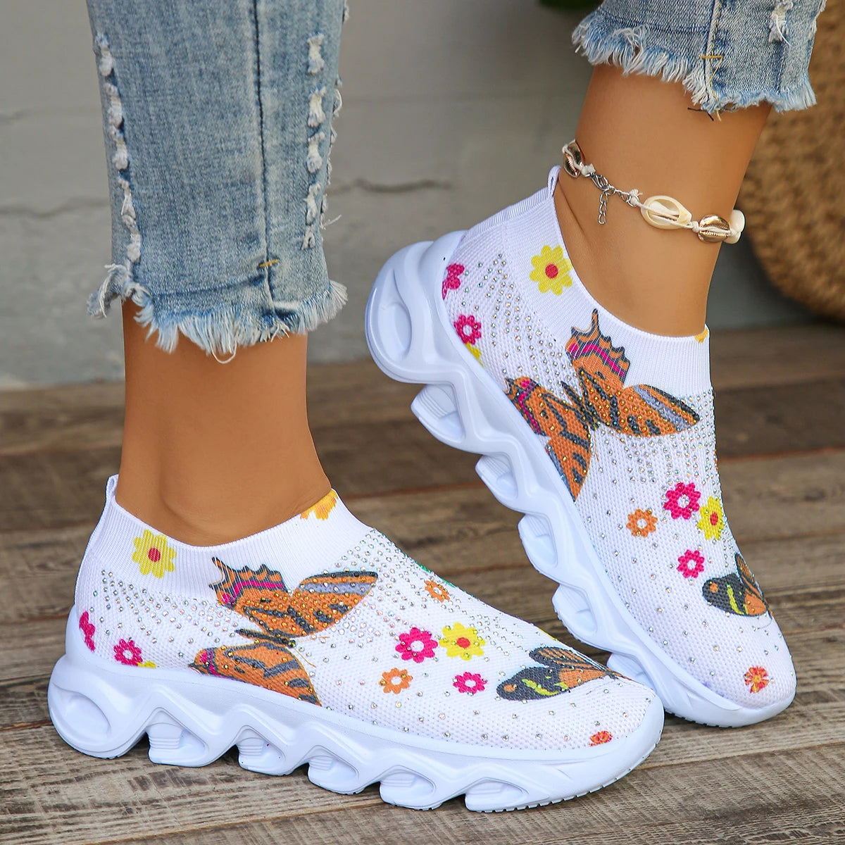 Kristall Blumen Damen Strick-Sneaker – Sommer Atmungsaktive Air Mesh Freizeitschuhe | Leichte Sportschuhe & Walking Flats Kaufschwan® Schmetterling Design 36