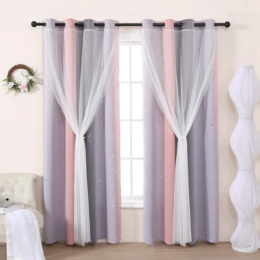 Grau Rosa Farbverlauf Stern Ausschnitt Halb Verdunkelungsvorhang für Mädchen Schlafzimmer Wohnzimmer 2 Stück/Set Kaufschwan® Grau-Rosa 132x213cm 1 Stück