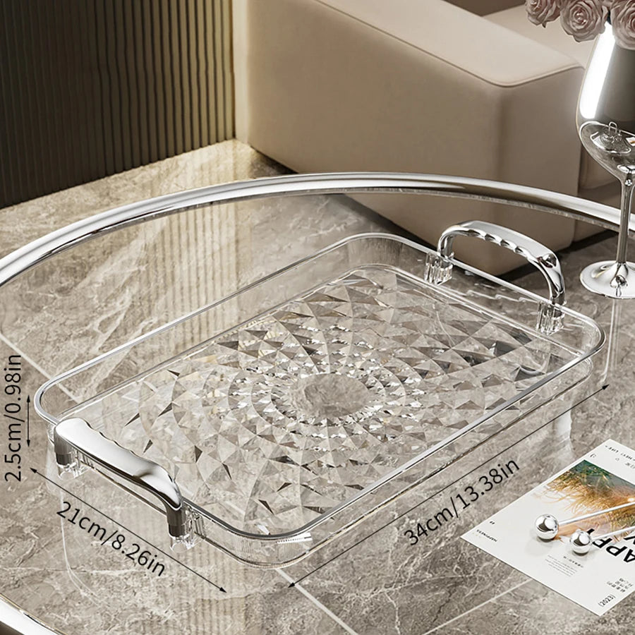 Transparentes Luxus-Serviertablett – Kunststoff Obst- & Desserttablett mit Griff, Dekoratives Aufbewahrungs- & Küchen-Organizer-Tablett Kaufschwan® Transparent Silber L