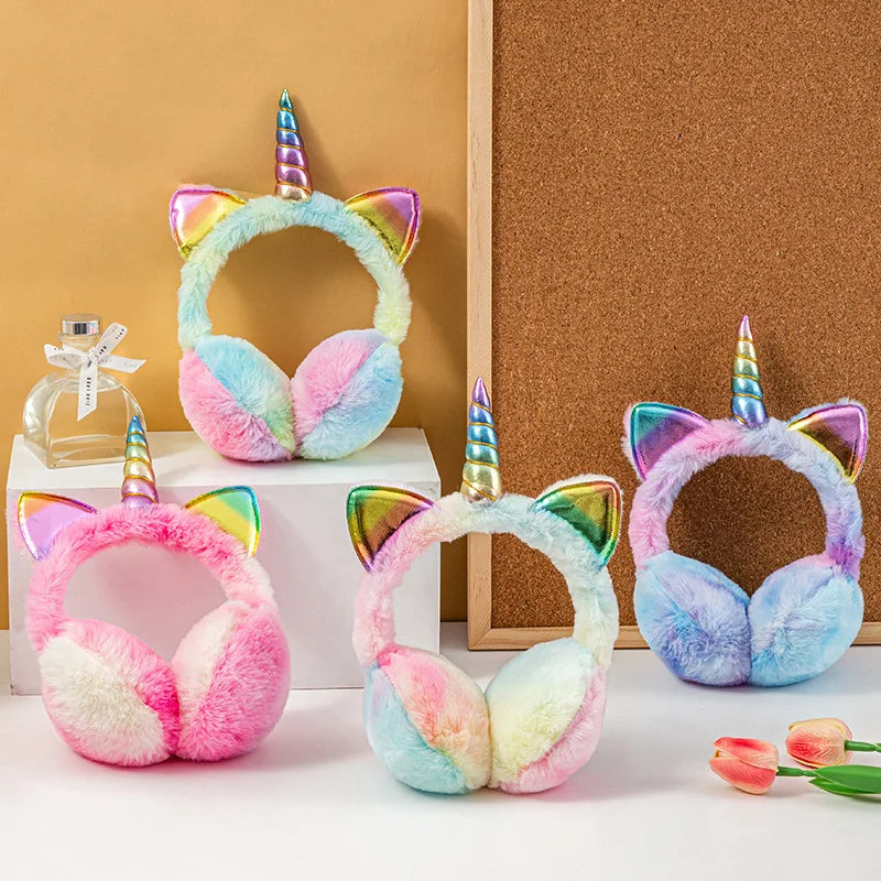 Bunte Einhorn Plüsch Ohrwärmer mit Katzenohren – Kinder Winter Tie-Dye Flauschige Ohrklappen | Weiche Ohrenschützer für Mädchen & Jungen Kaufschwan®