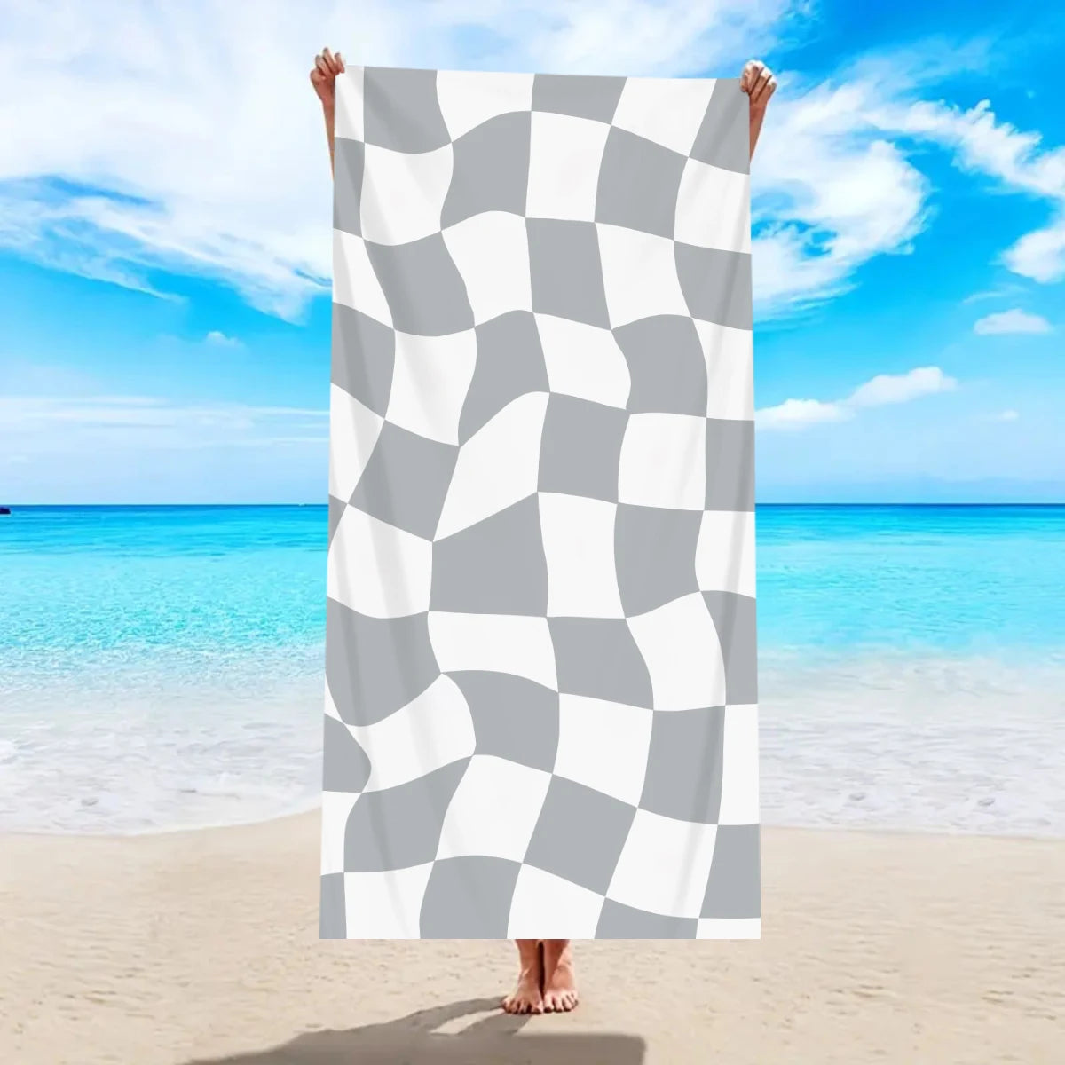 Modisches Kariertes Strandtuch – Schnell Trocknend & Saugfähig | Großes Mikrofaser Handtuch in Mehreren Farben für Strand & Reisen Kaufschwan® Grau-Weiß 180x90cm