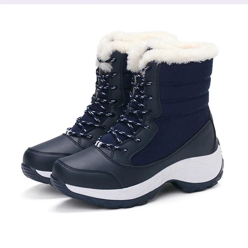 Damen Schneestiefel – Winter Plateau Schuhe | Warme Kunstfell Gefütterte Flache Stiefel für Damen | Bequeme Winter Schuhe Kaufschwan® Blau 35