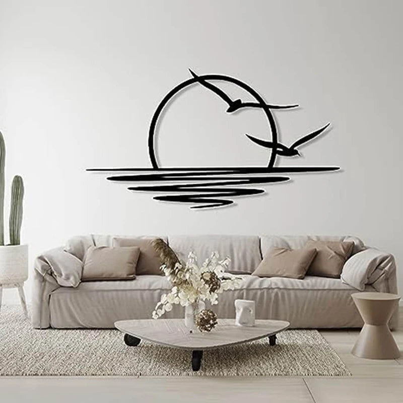 Sonnenaufgang Metall Wandbild – Sonne und Möwen Minimalistisches Linien Design 30x16 cm Kaufschwan®