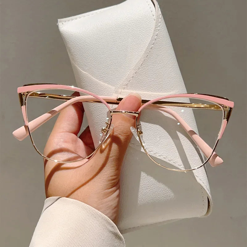 Minimalistische Metall Anti-Blau-Licht Brille für Damen – Modische Cat-Eye Computerbrille | Elegante Business-Brille Kaufschwan® Hellrosa