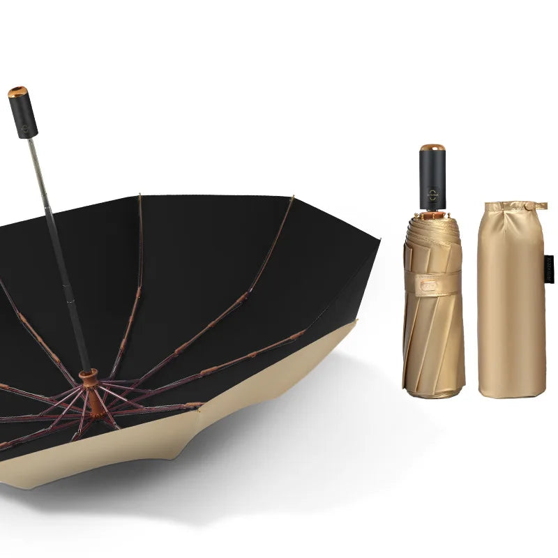 Luxus Gold Automatikschirm – Tragbarer Damen 3-Fach Faltbarer UV-Schutz Sonnenschirm, 10K Doppel-Lagen Winddichter Schirm für Mädchen Kaufschwan® Schwarz