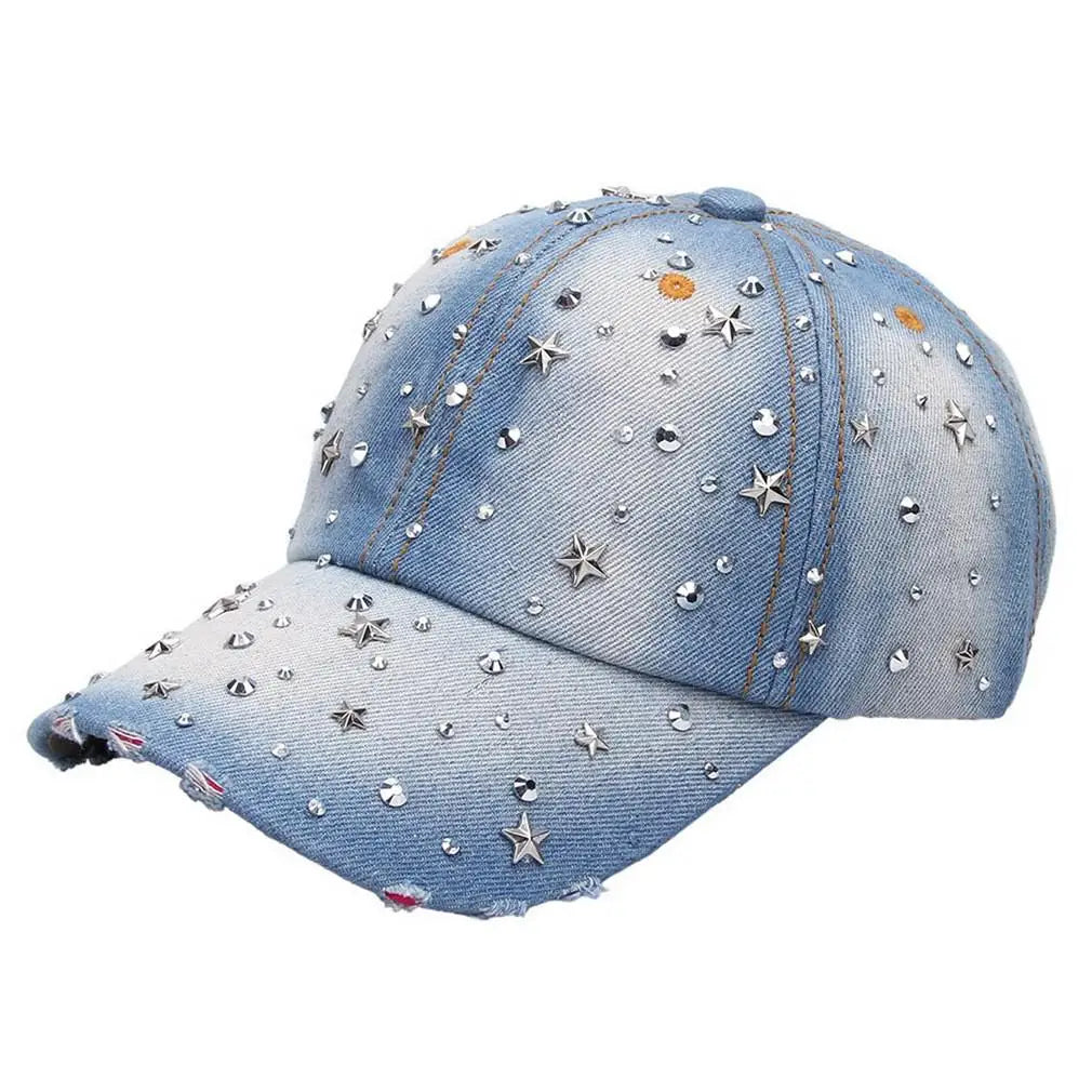 Denim Baseballkappe Damen | Vintage-Cap mit Rivet Star | Snapback Baseballcap für Damen & Herren | Sommer Outdoor Freizeit Kaufschwan® Hellblau