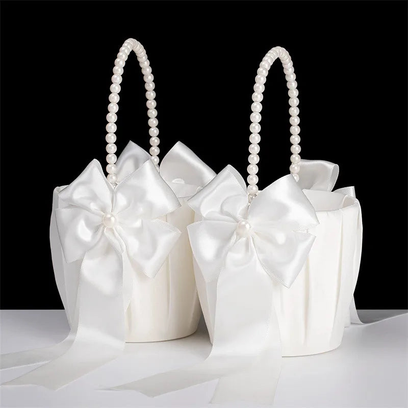 Satin Perlen Blumenkorb – Eleganter Hochzeitskorb für Blumenmädchen und Ringe Kaufschwan® Design 2 - 2er Set