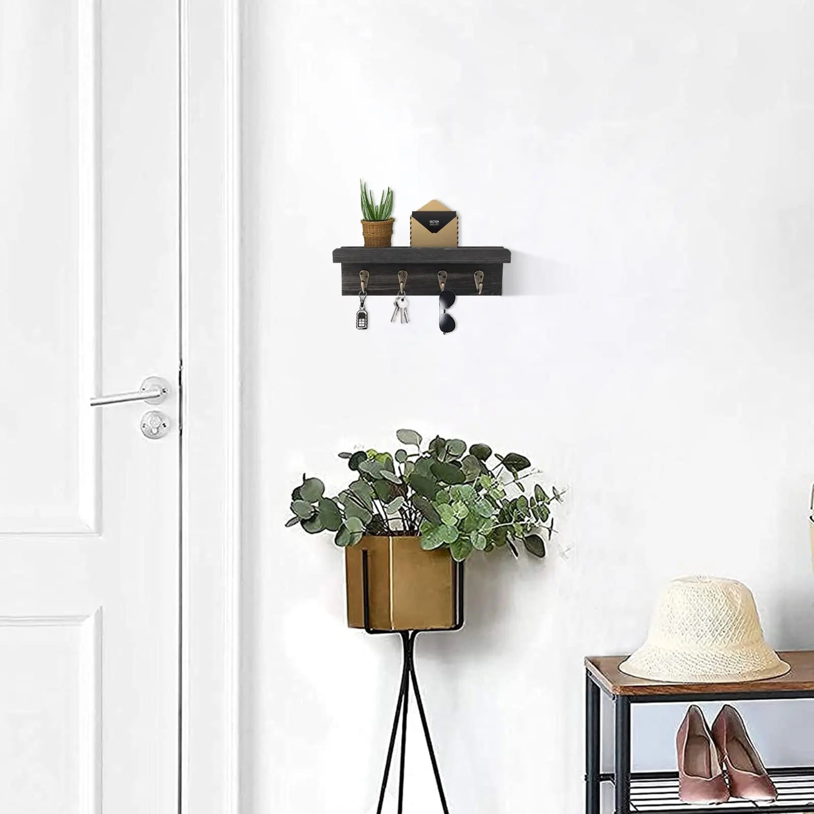 Rustikaler Holz Schlüsselhalter für die Wand – Landhausstil Wandregal | Wandmontierter Organizer mit 4 Metallhaken für Schlüssel & Deko Kaufschwan®