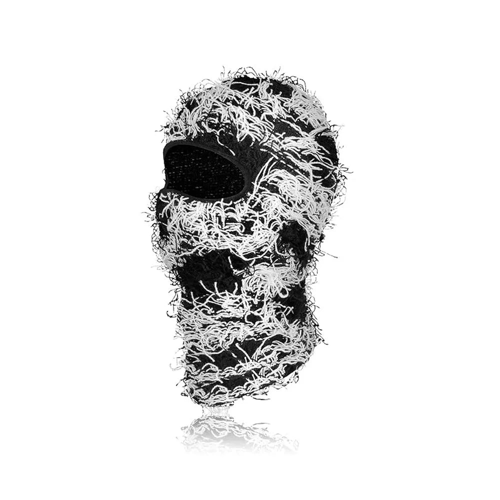 Motorrad Hip-Hop Balaclava – Gestrickte Vollgesichts-Skimütze im Used-Look | Damen Outdoor Camouflage Fuzzy Beanie Wintermütze Kaufschwan® Schwarz Weiß