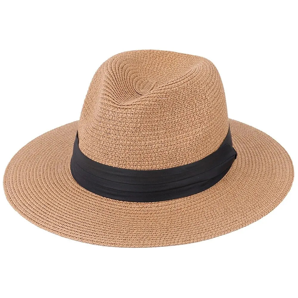Sommer Sonnenhut Unisex | Panama Stil Strohhut | Strandhut für Urlaub & Outdoor mit Flacher Krone Kaufschwan® Braun Einheitsgröße