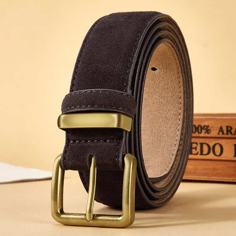 Luxus Wildledergürtel aus Rindsleder für Damen – Vintage Stil mit Goldschnalle | 3,5 cm Breiter Taillengürtel für Kleider & Jeans Kaufschwan® Dunkelbraun 100cm