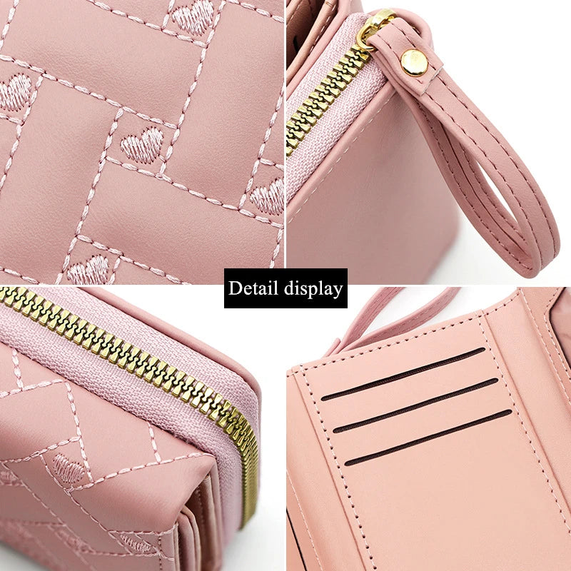Damen Tri-Fold Kurzgeldbörse – PU Leder Kartenetui | „Love“-Stickerei im Koreanischen Minimalistischen Stil Kaufschwan®