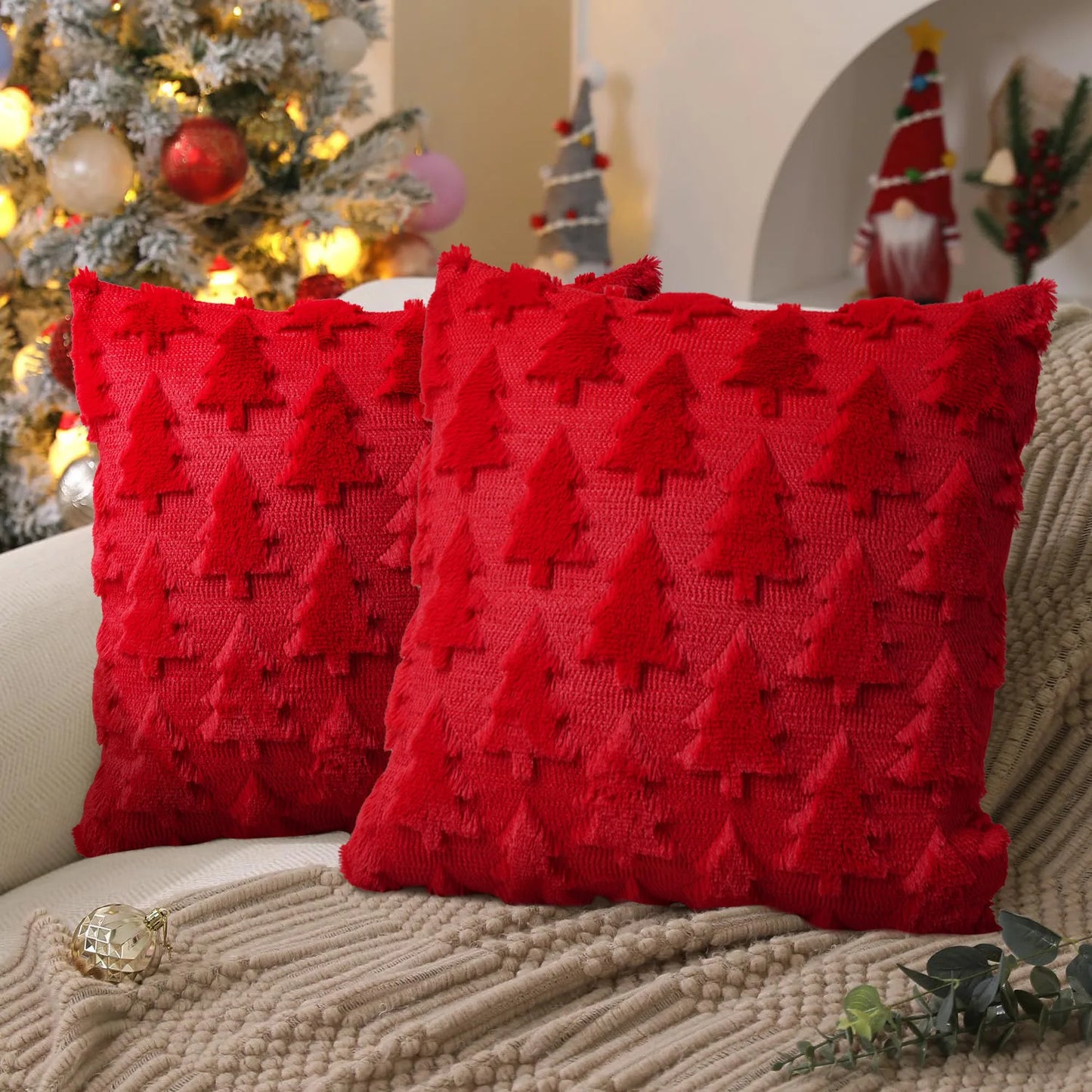 45x45cm Weihnachts Kissenbezug – Gestepptes Plüsch Design | Stern & Tannenbaum Motiv Sofakissen Bezug für Wohnzimmer Deko Kaufschwan®