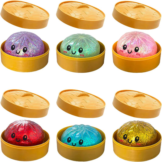 Bunte Glitzer-Dumpling-Squishies in 6 Designs mit Box – Weiches Sensorik-, Knautsch- & Fidget-Spielzeug zum Stressabbau und Sammeln