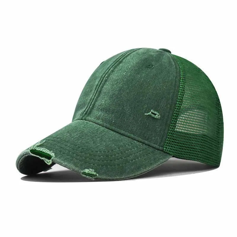 Washed Cotton Mesh Baseballkappe | Vintage Ripped Leichte Baseballcap für Herren & Damen | Atmungsaktive Frühlings- & Sommermode Kaufschwan® Grün