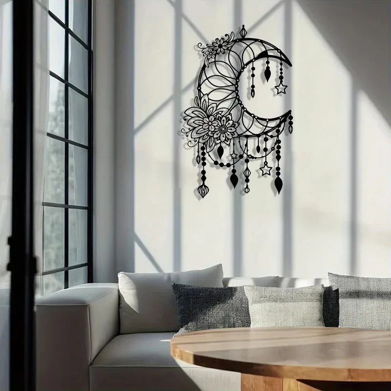 Elegantes Gothisches Mond & Blumen Metall Wandbild – Modernes Hängedekor Kaufschwan®