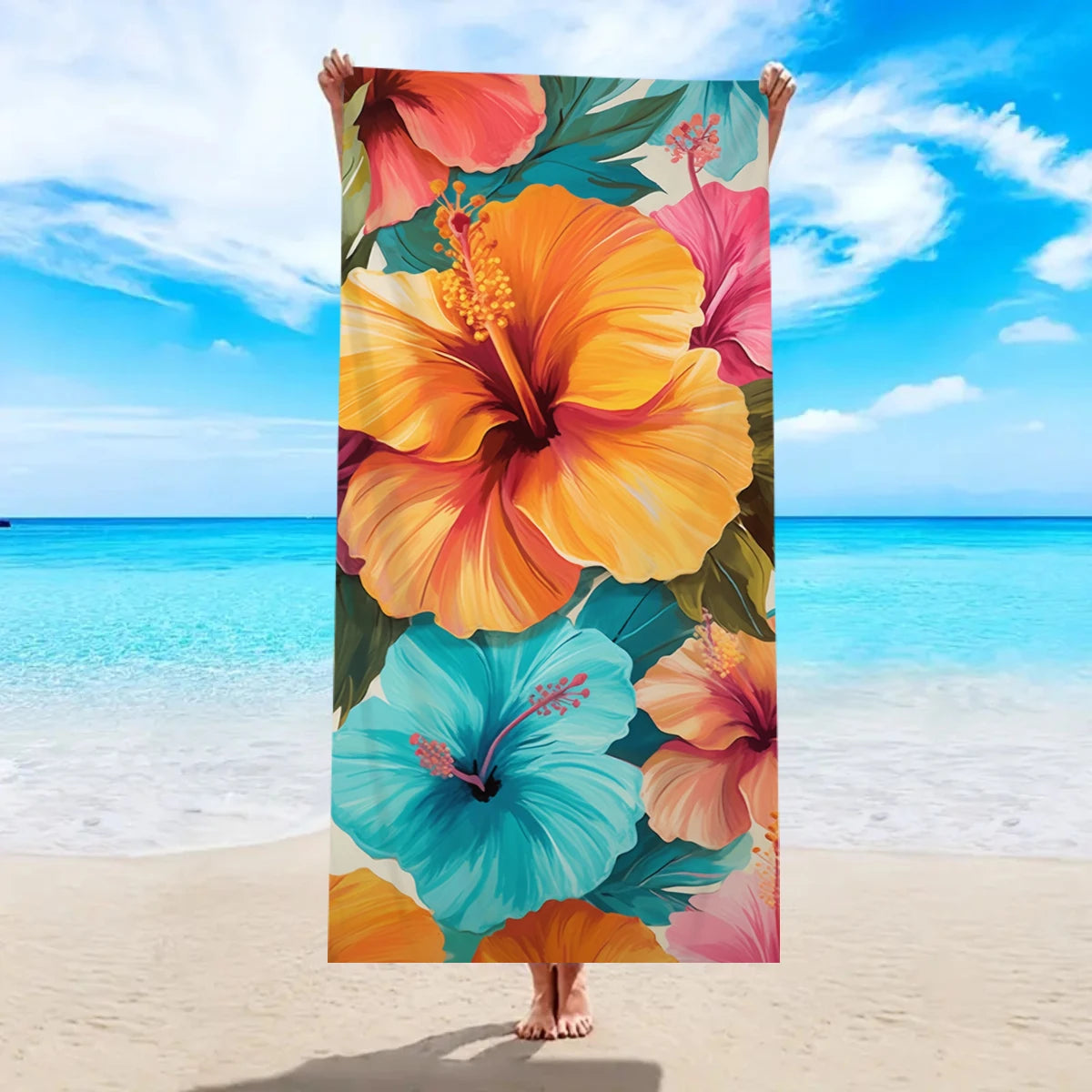 Tropisches Blumen Strandtuch – Schnell Trocknendes & Saugfähiges Mikrofaser Handtuch | Leichtes Reisehandtuch für Sport, Yoga, Schwimmen & Camping Kaufschwan® Orange-Blau 150x75cm