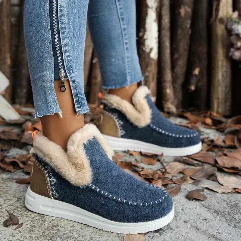 Damen Winterstiefel – Runde Zehenform Schneestiefel mit Kunstfell Futter | Flache Kurzschaft Stiefel mit Warmem Fleece für Damen Kaufschwan®