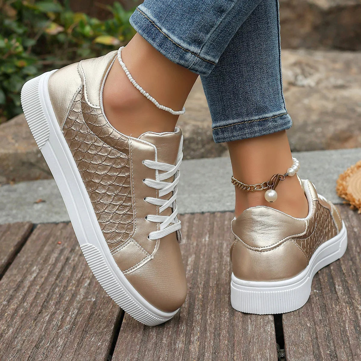 Damen Sneaker in Gold & Silber | Frühling & Herbst Schnürschuhe aus Weichem PU Leder | Modische Freizeitschuhe Kaufschwan®