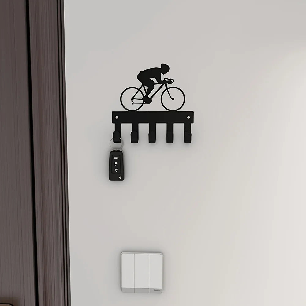 Schwarzer Metall Schlüsselhalter für die Wand – Klebender Schlüssel Organizer mit 5 Haken | Dekorativer Fahrrad & Reiter Hakenhalter Kaufschwan®